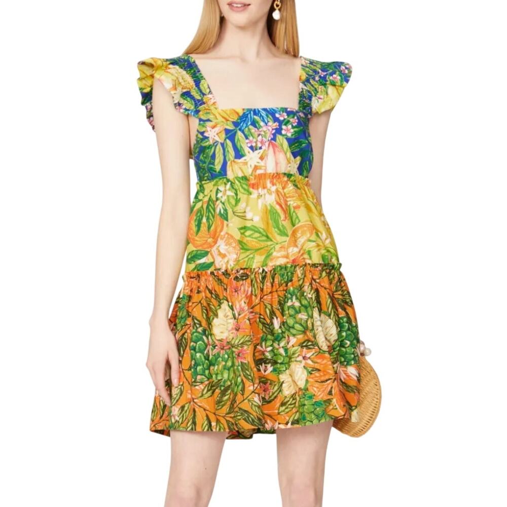 Farm Rio Caipirinha 100% Cotton Colorful Floral Tiered Flutter Sleeve Mini Dress